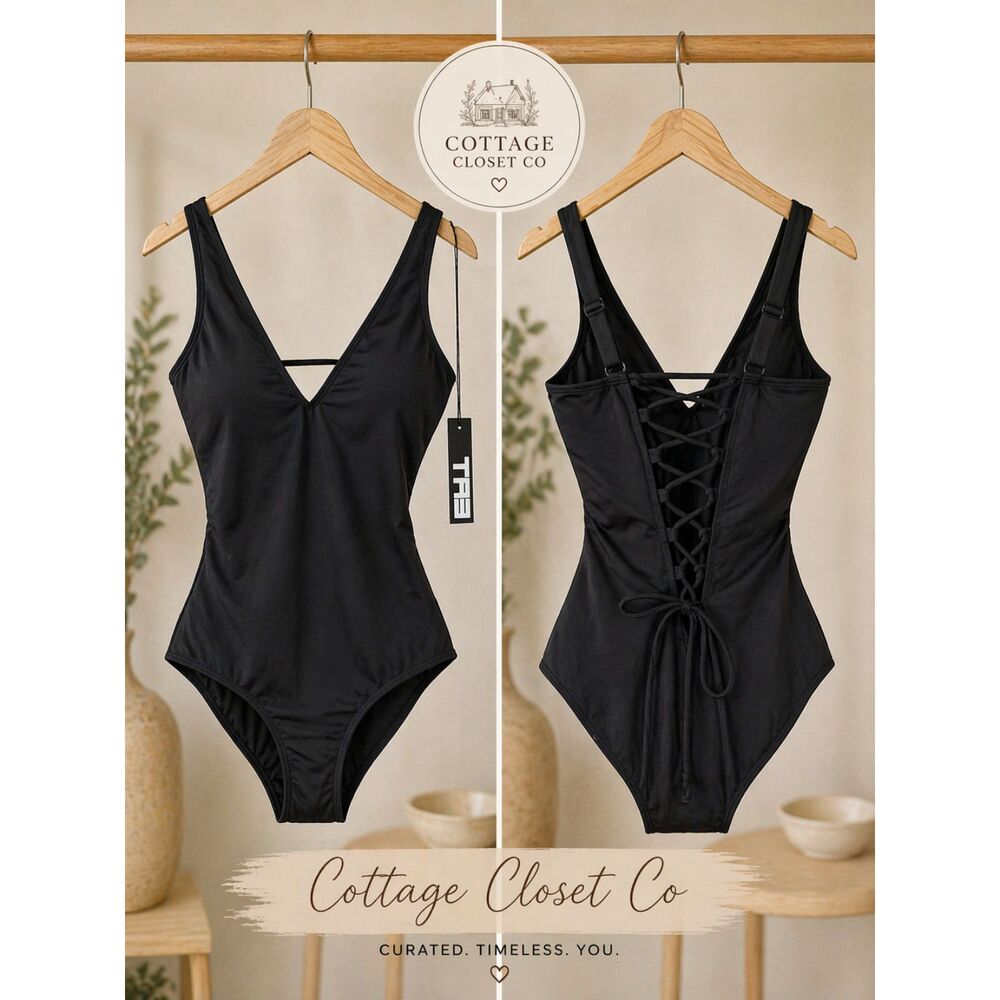 TA3 Plungey Black Corset Back Sculpting One Piece Swimsuit XS Reg/Long NWT